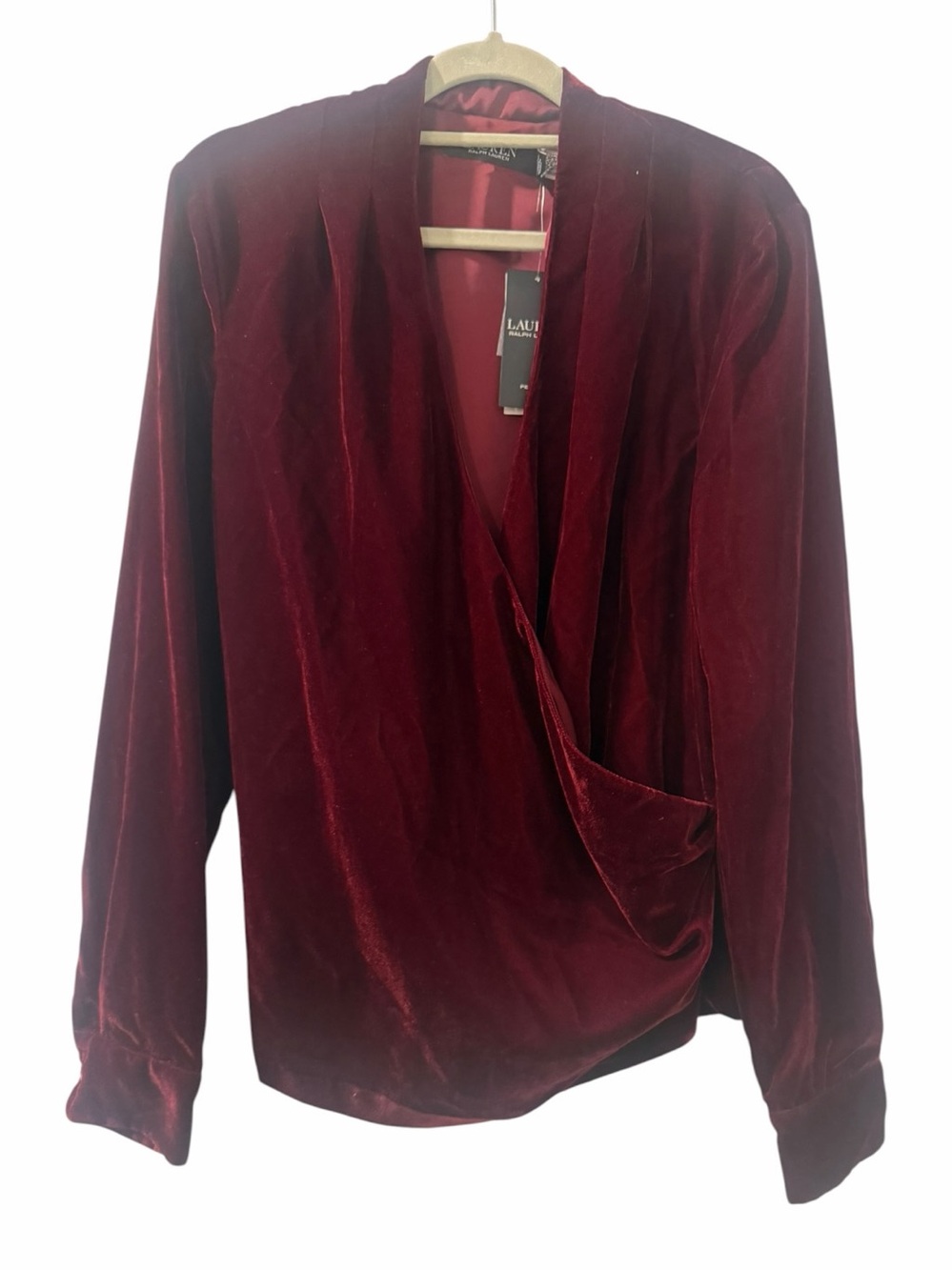 Lauren Ralph Lauren NWT Burgundy Velvet Draped Blouse Petite 12P - Picture 11 of 12